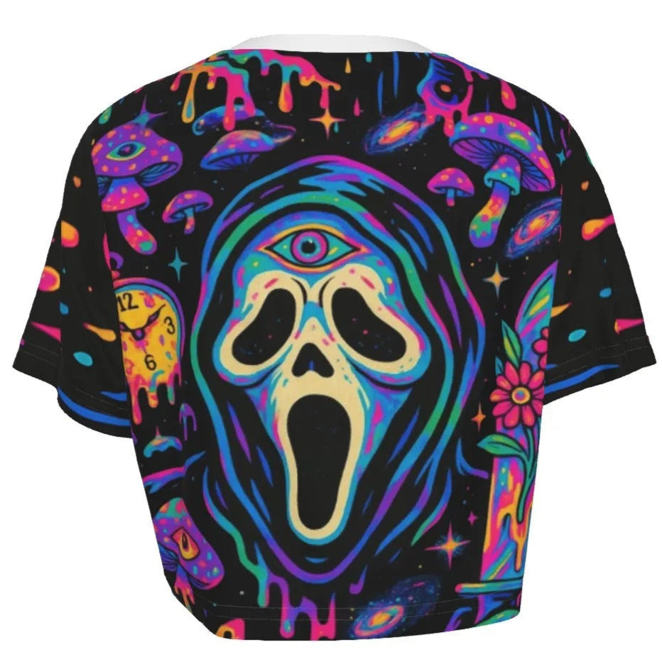 Psychedelic Halloween Mushrooms Crop Top, Neon Trippy Mushroom Shirt, Spooky Halloween Festival Top, Horror Art Fashion