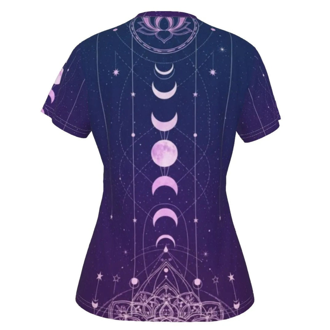 Mystic Lunar Mandala Women’s V-Neck, Moon Phase Spiritual Shirt, Celestial Lotus Top, Sacred Geometry Cosmic Tee, Boho Mystic Style