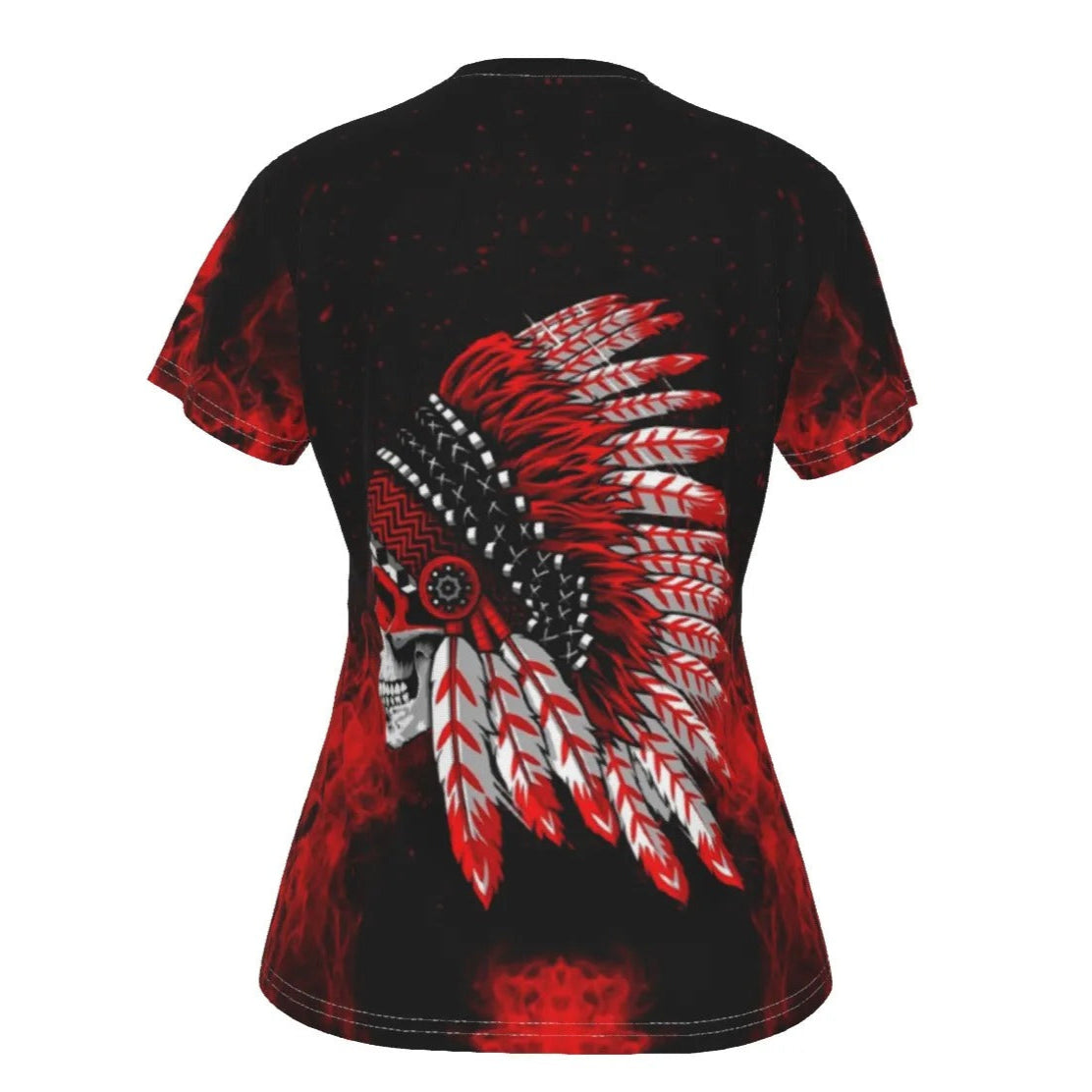 Native American Skull Women’s V-Neck, Red Feather Headdress Shirt, Tribal Gothic Top, Red Smoke Graphic Tee, Warrior Biker Style