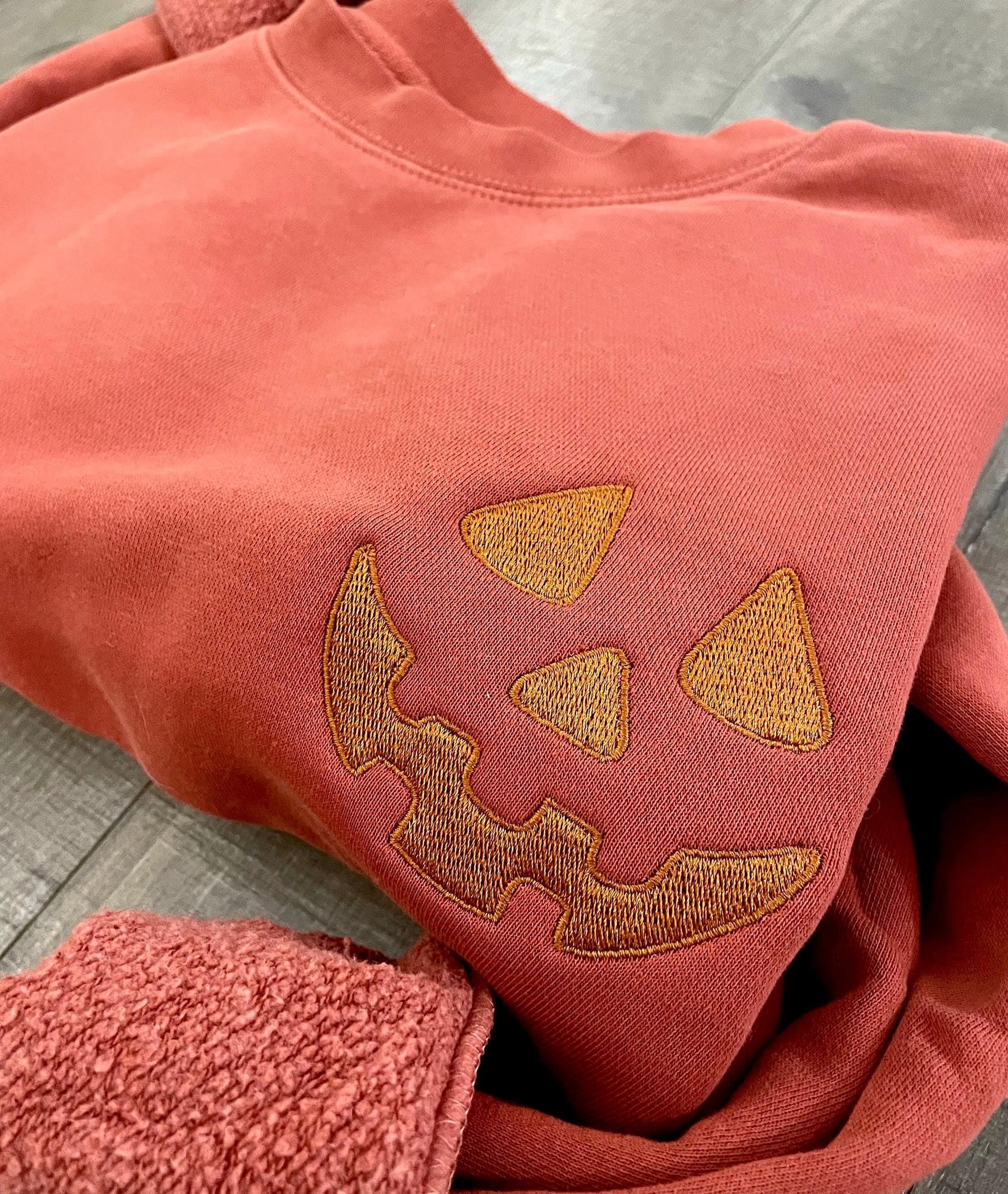 Halloween Pumpkin Face Crewneck Sweatshirt, Embroidered Halloween Pullover, Tonal Spooky Season Sweater, Trendy Fall Apparel, Halloween Gifts EBAC15
