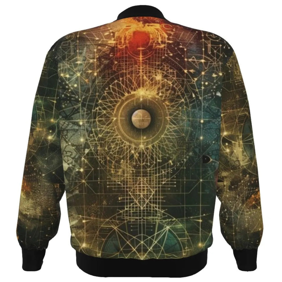 Celestial Alchemy Bomber Jacket, Sacred Geometry Outerwear with Cosmic Symbols & Astral Energy Design