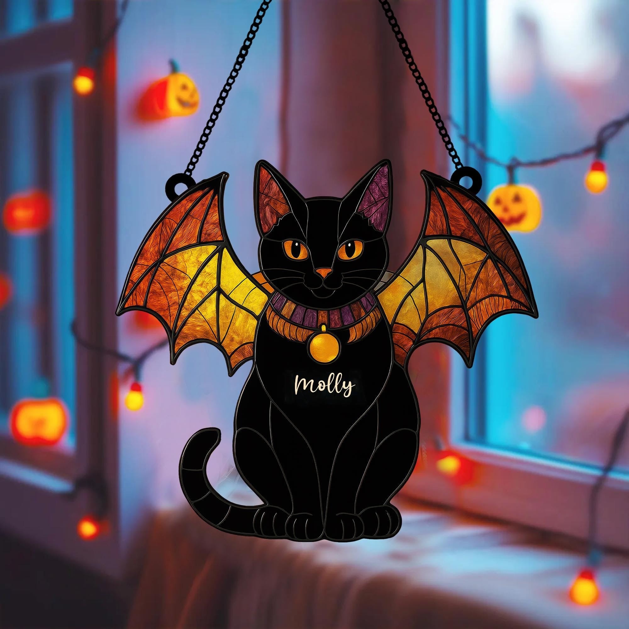 Custom Name Black Cat Acrylic Suncatcher, Home Decor, Gothic Halloween Suncatcher, Spooky Season Gift, Halloween Decor, Black Cat Suncatcher