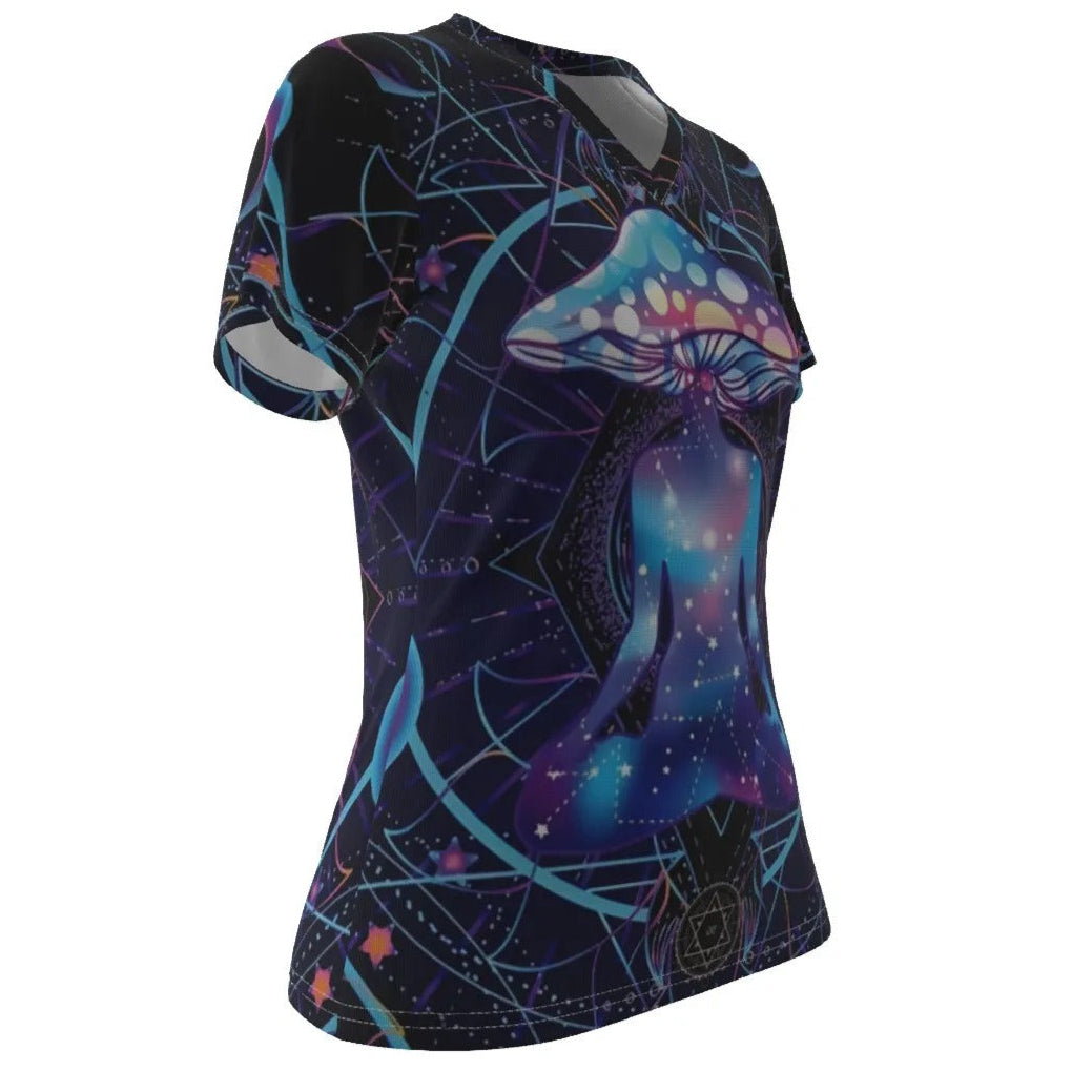 Mystic Mushroom Awakening Women’s V-Neck, Psychedelic Spiritual Shirt, Cosmic Mushroom Graphic Top, Visionary Art Festival Wear, Boho Mystic Style