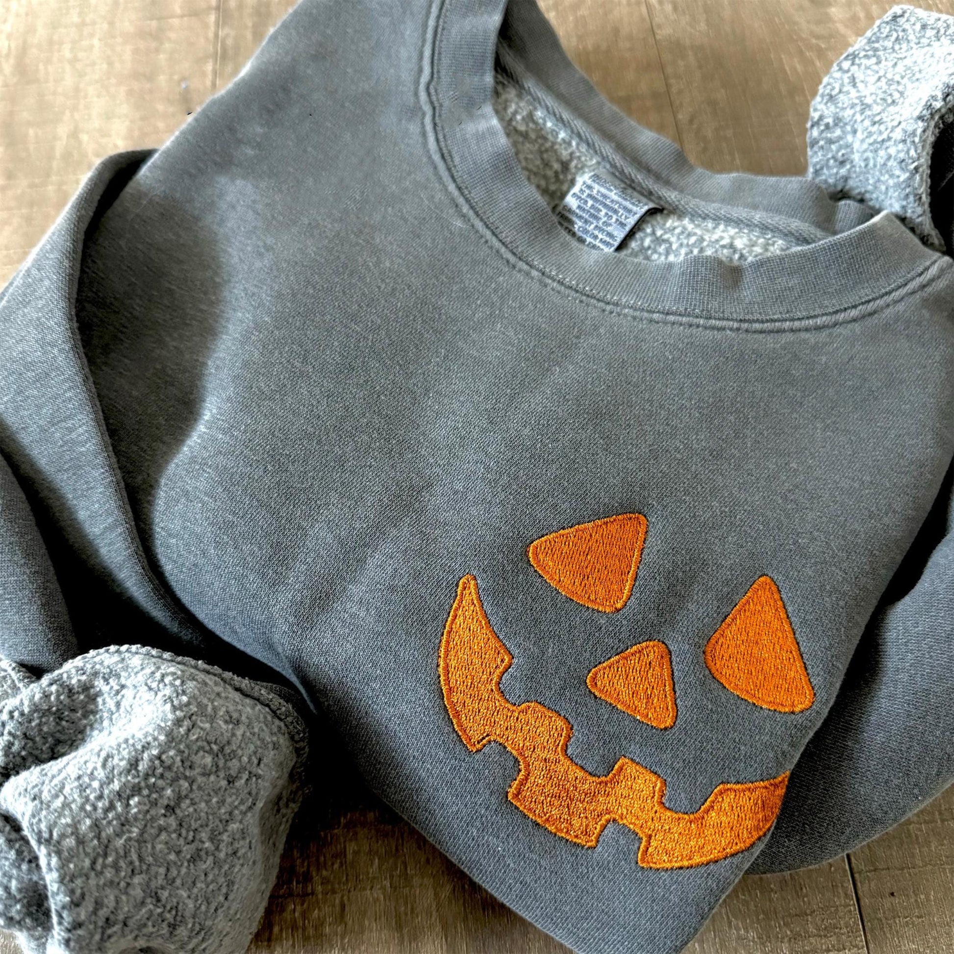 Halloween Pumpkin Face Crewneck Sweatshirt, Embroidered Halloween Pullover, Tonal Spooky Season Sweater, Trendy Fall Apparel, Halloween Gifts EBAC15