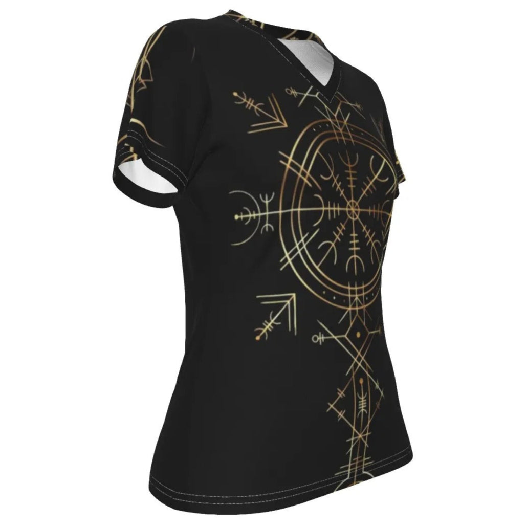 Viking Vegvisir Mysticism Women’s V-Neck, Norse Compass Rune Shirt, Nordic Viking Spiritual Top, Viking Sacred Geometry Fashion