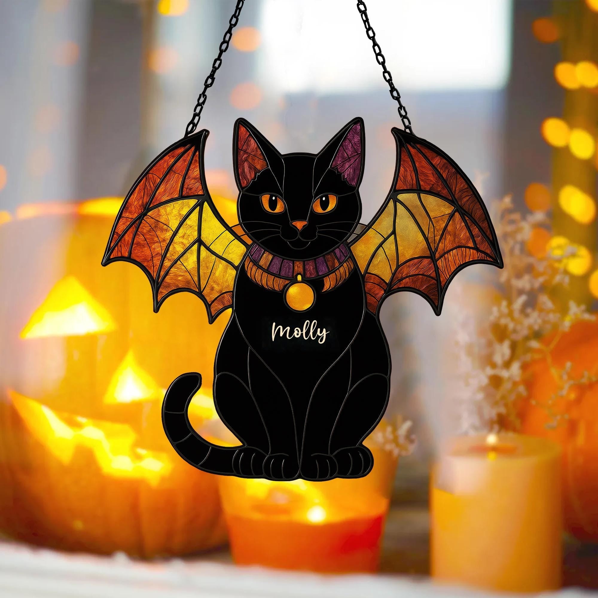 Custom Name Black Cat Acrylic Suncatcher, Home Decor, Gothic Halloween Suncatcher, Spooky Season Gift, Halloween Decor, Black Cat Suncatcher