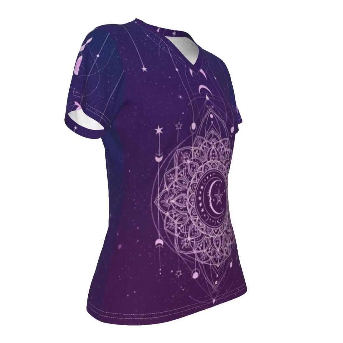 Mystic Lunar Mandala Women’s V-Neck, Moon Phase Spiritual Shirt, Celestial Lotus Top, Sacred Geometry Cosmic Tee, Boho Mystic Style