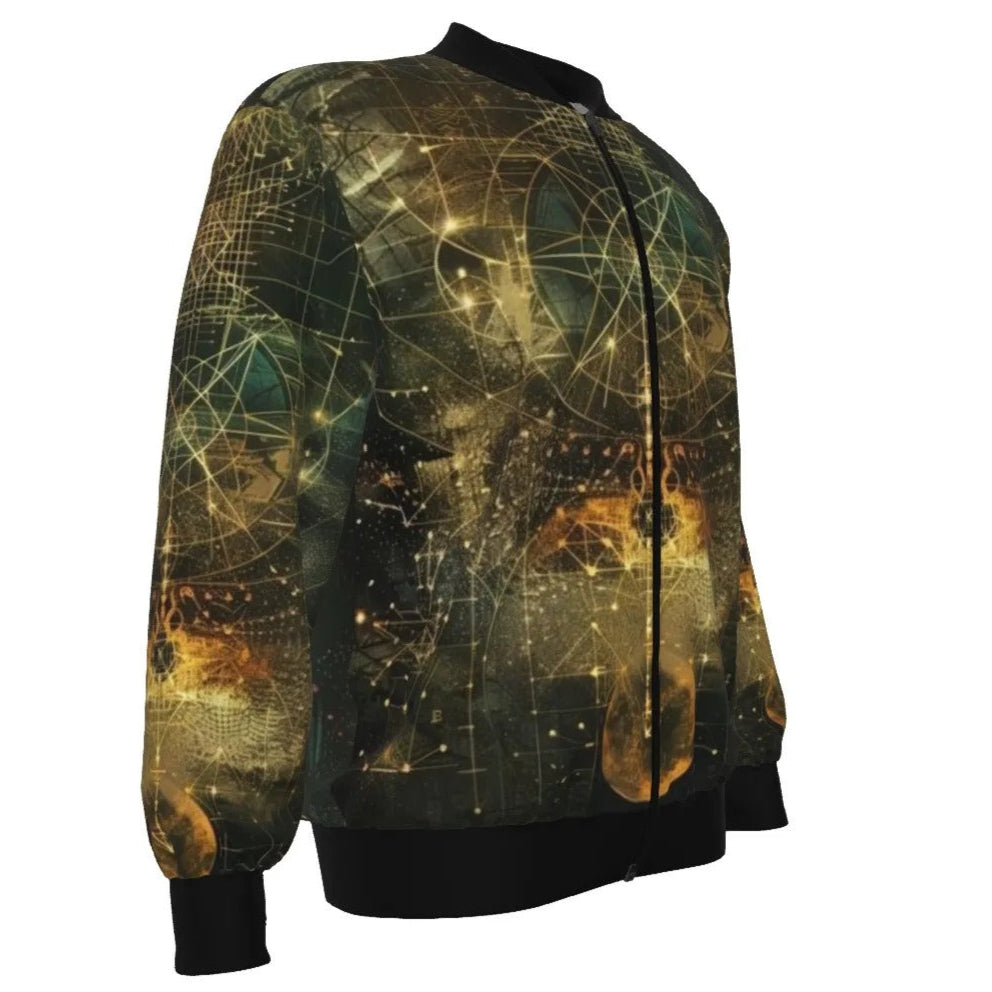 Celestial Alchemy Bomber Jacket, Sacred Geometry Outerwear with Cosmic Symbols & Astral Energy Design