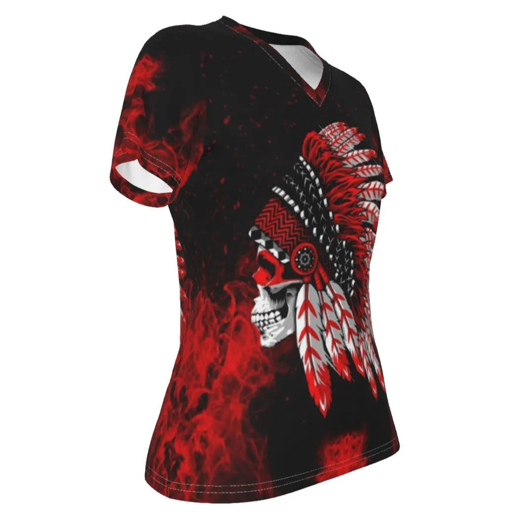 Native American Skull Women’s V-Neck, Red Feather Headdress Shirt, Tribal Gothic Top, Red Smoke Graphic Tee, Warrior Biker Style