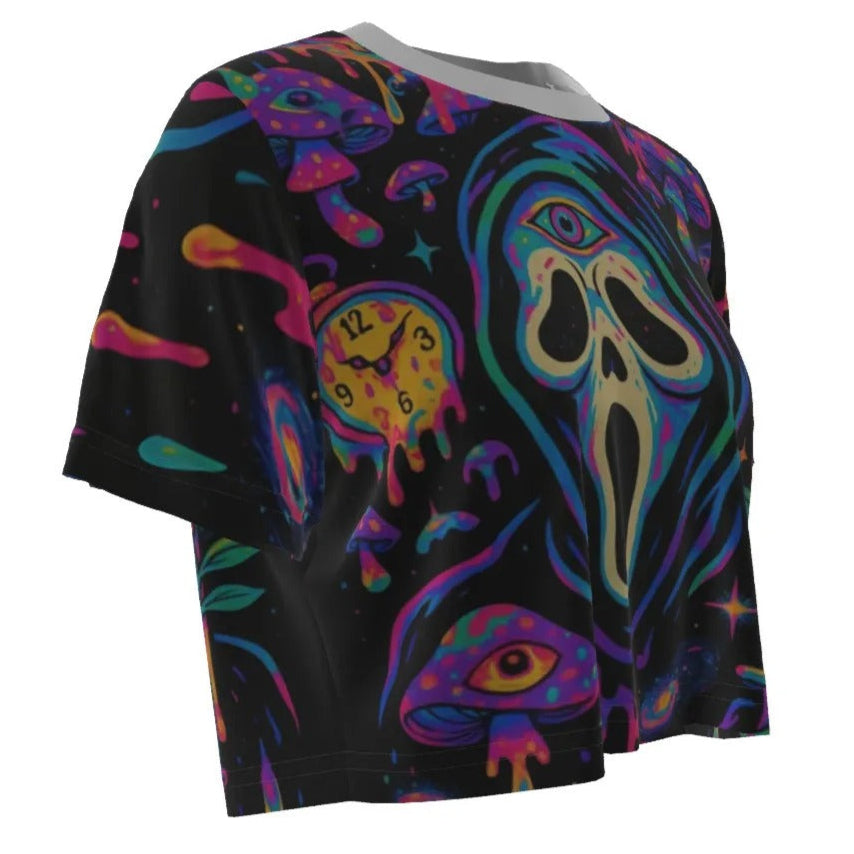 Psychedelic Halloween Mushrooms Crop Top, Neon Trippy Mushroom Shirt, Spooky Halloween Festival Top, Horror Art Fashion