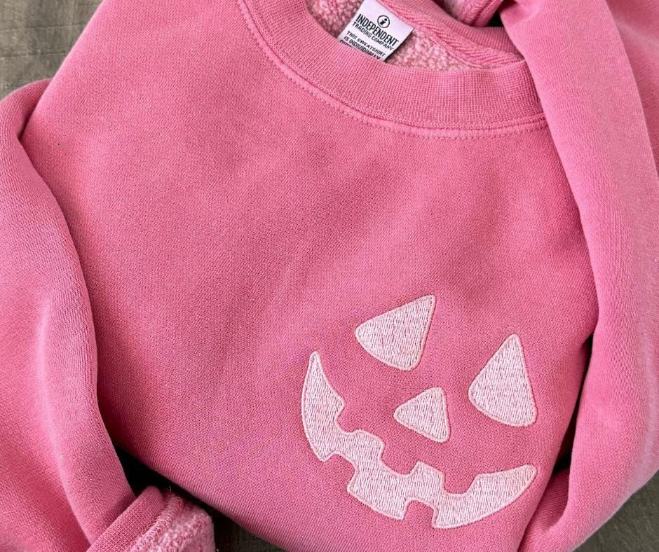 Halloween Pumpkin Face Crewneck Sweatshirt, Embroidered Halloween Pullover, Tonal Spooky Season Sweater, Trendy Fall Apparel, Halloween Gifts EBAC15