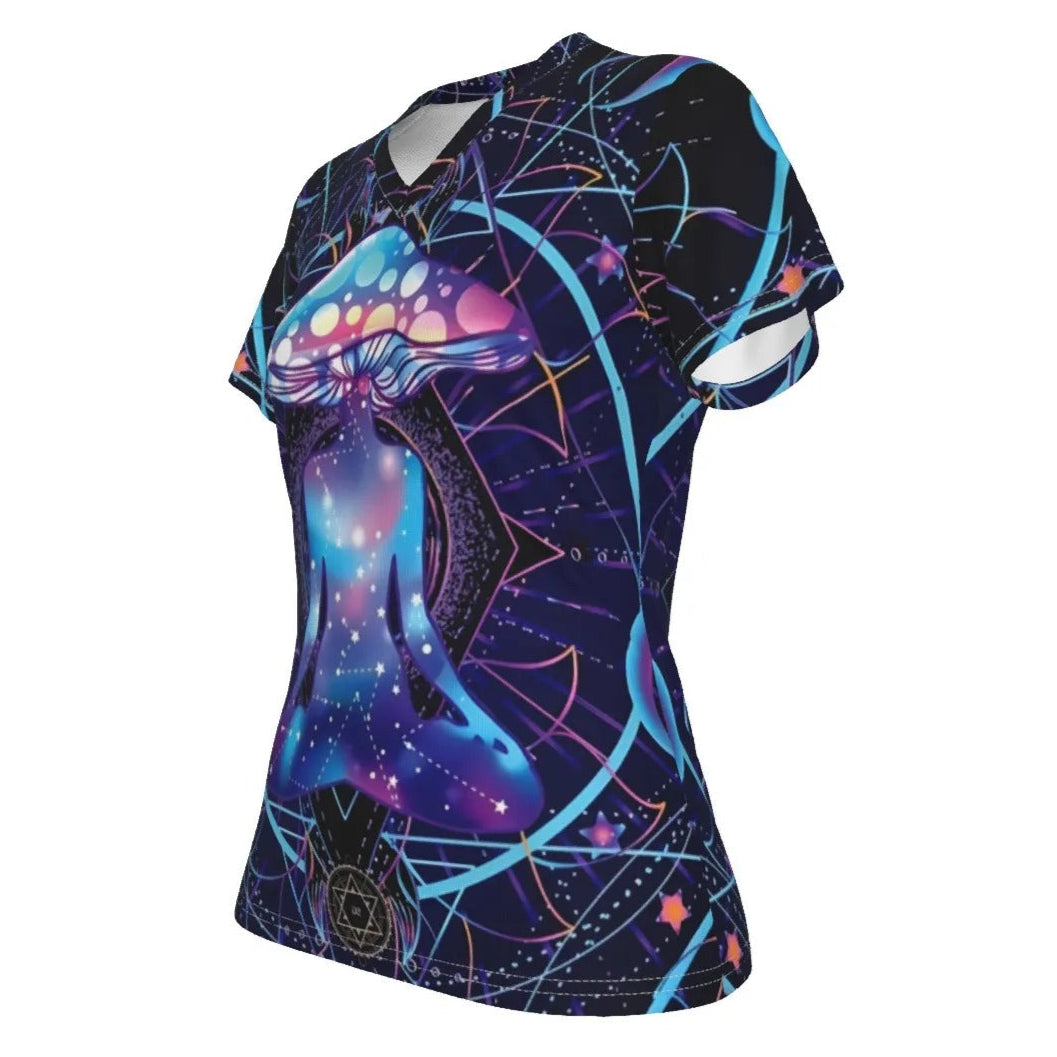 Mystic Mushroom Awakening Women’s V-Neck, Psychedelic Spiritual Shirt, Cosmic Mushroom Graphic Top, Visionary Art Festival Wear, Boho Mystic Style