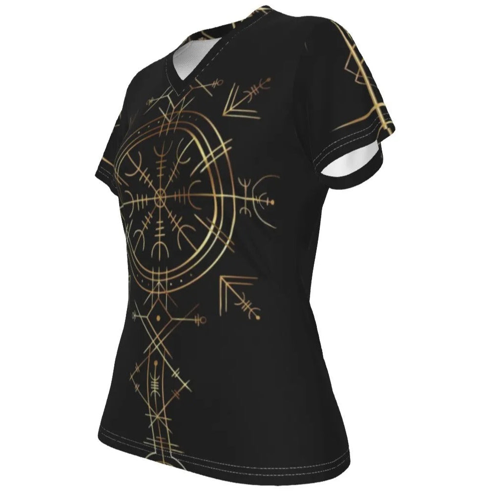 Viking Vegvisir Mysticism Women’s V-Neck, Norse Compass Rune Shirt, Nordic Viking Spiritual Top, Viking Sacred Geometry Fashion