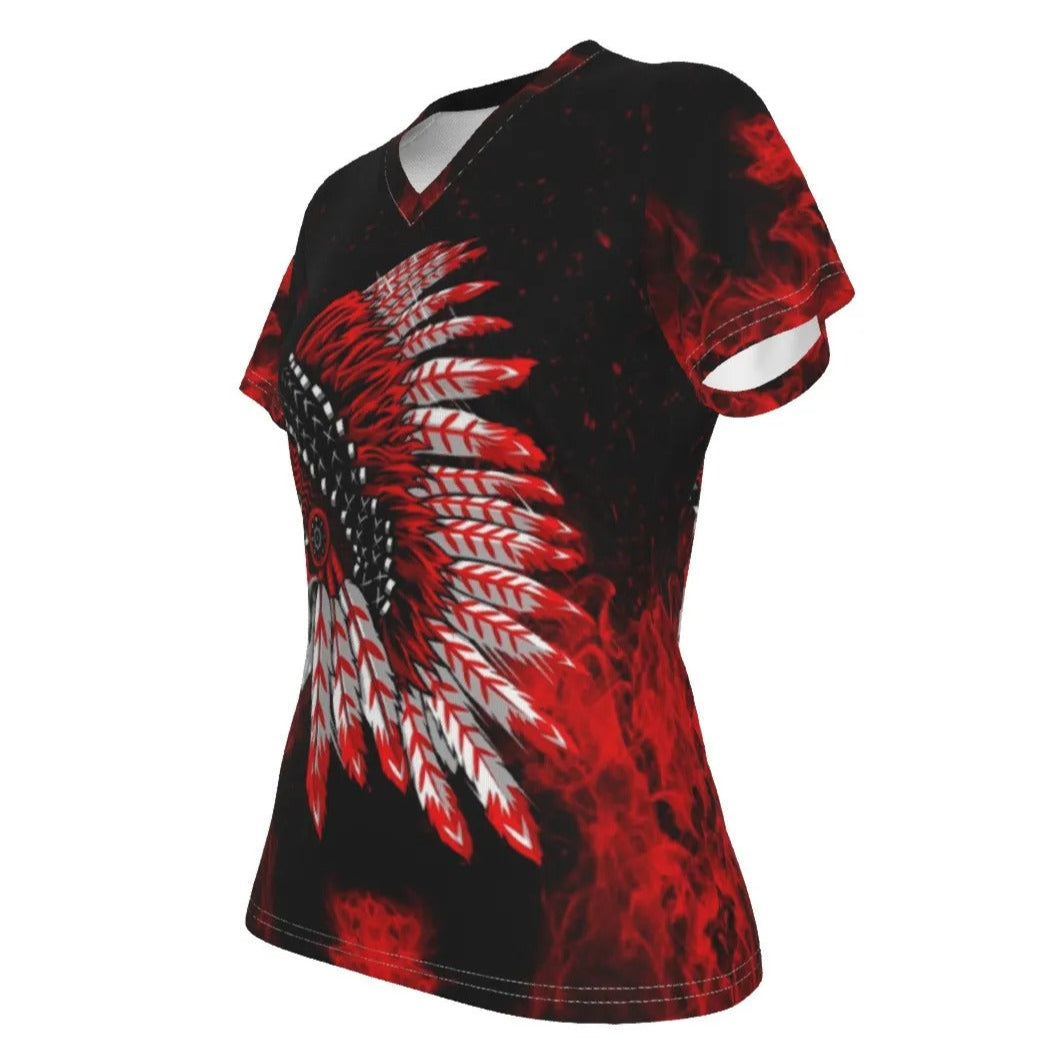 Native American Skull Women’s V-Neck, Red Feather Headdress Shirt, Tribal Gothic Top, Red Smoke Graphic Tee, Warrior Biker Style
