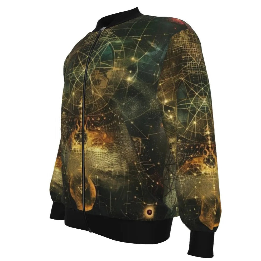 Celestial Alchemy Bomber Jacket, Sacred Geometry Outerwear with Cosmic Symbols & Astral Energy Design