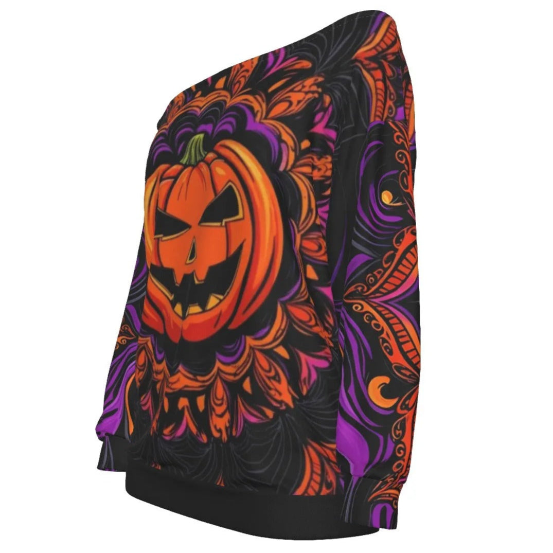 Pumpkin Mandala Magic Off-Shoulder Top, Halloween Costume Ideas, Halloween Jack-o’-Lantern Shirt, Spooky Mandala Art, Halloween Horror Nights