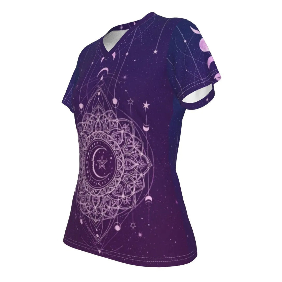 Mystic Lunar Mandala Women’s V-Neck, Moon Phase Spiritual Shirt, Celestial Lotus Top, Sacred Geometry Cosmic Tee, Boho Mystic Style