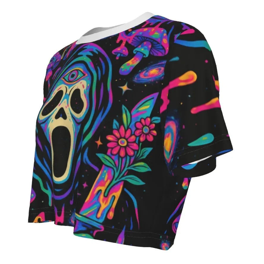 Psychedelic Halloween Mushrooms Crop Top, Neon Trippy Mushroom Shirt, Spooky Halloween Festival Top, Horror Art Fashion