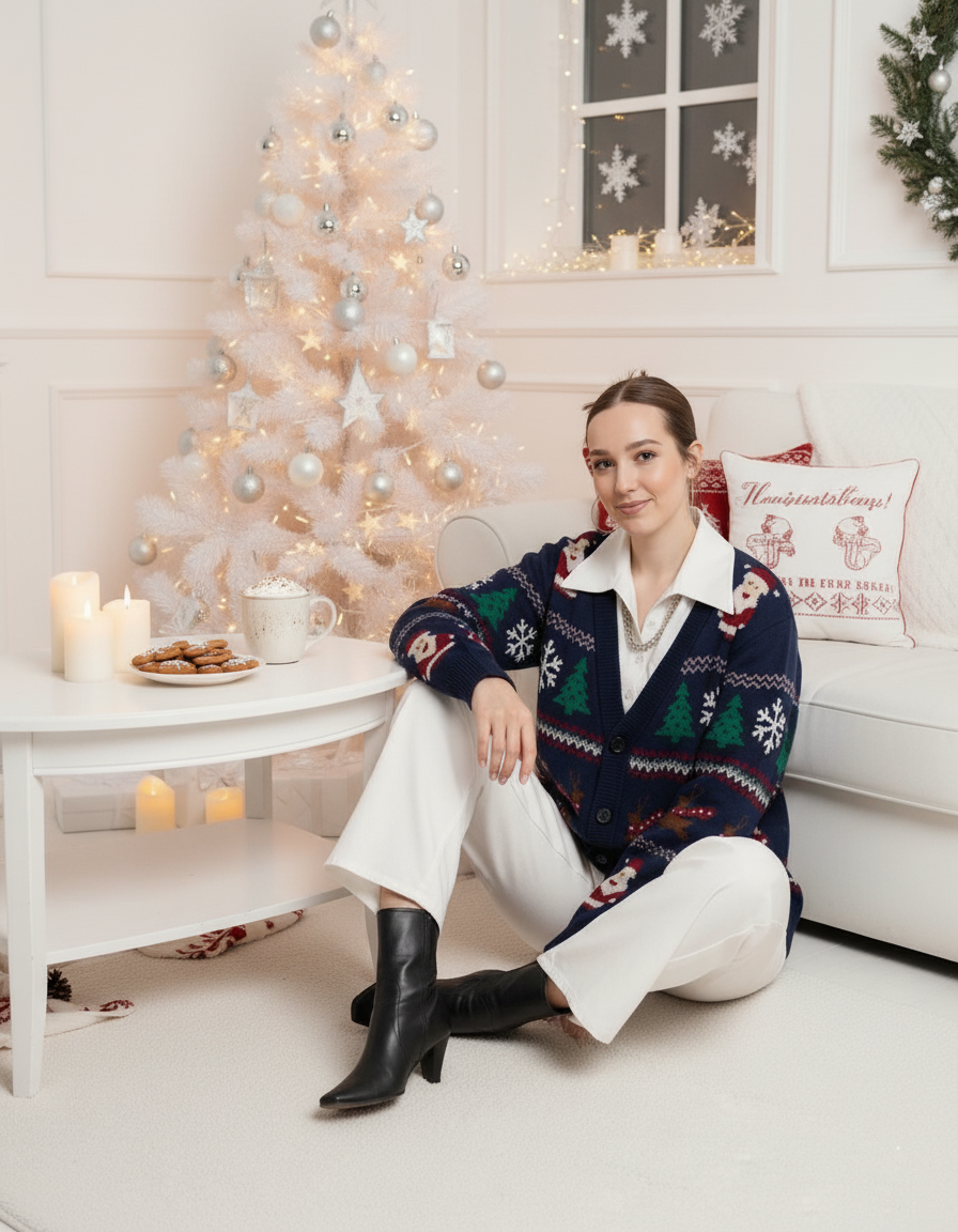 Ugly Christmas Cardigan for Women, Navy Blue Santa Claus Knit Sweater, Festive Holiday Reindeer & Candy Cane Cardigan