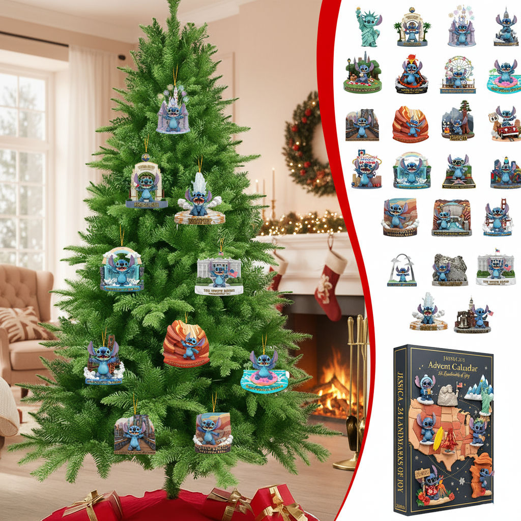 Stitch Landmarks Advent Calendar 2025, 24 Days Travel Landmark Figures, Cute Stitch Ornament Gift Box, Christmas Countdown for Fans