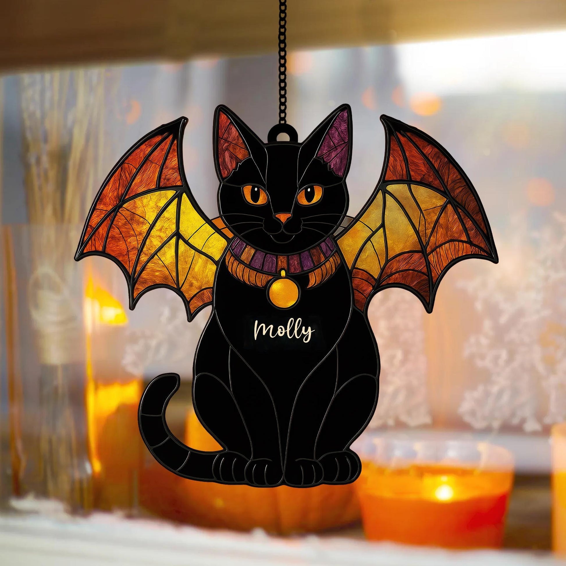 Custom Name Black Cat Acrylic Suncatcher, Home Decor, Gothic Halloween Suncatcher, Spooky Season Gift, Halloween Decor, Black Cat Suncatcher