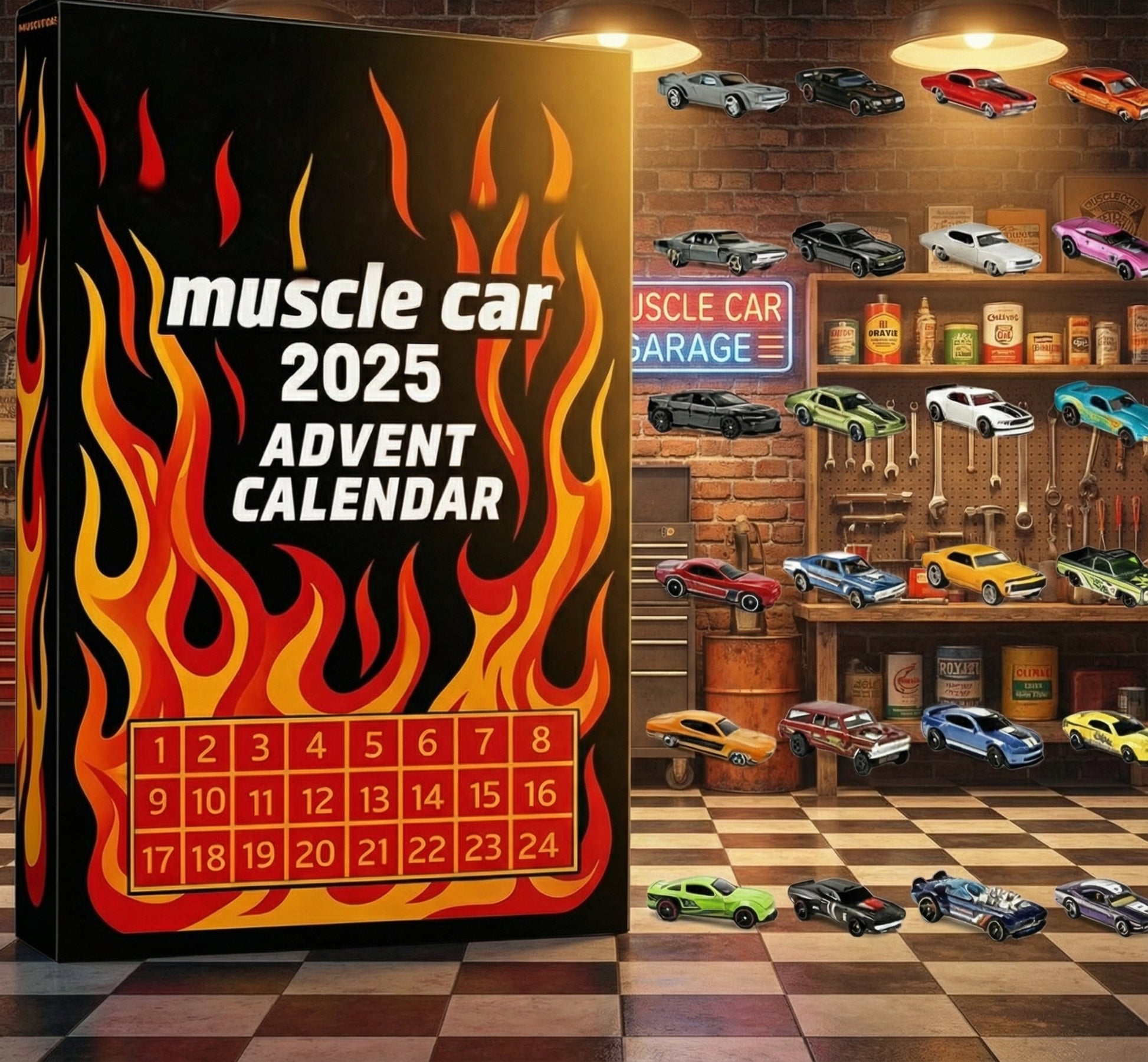 Muscle Car Advent Calendar 2025, 24 Diecast Cars, Collector Gift for Men, Racing Car Minis, Hot Rod Christmas Countdown