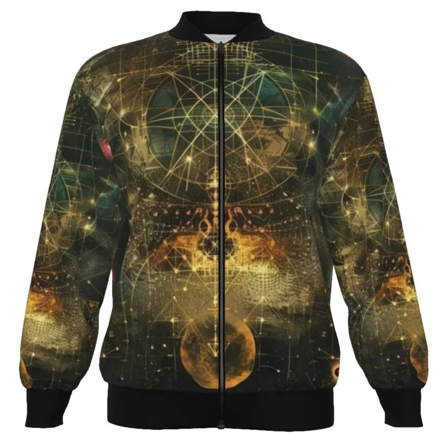 Celestial Alchemy Bomber Jacket, Sacred Geometry Outerwear with Cosmic Symbols & Astral Energy Design