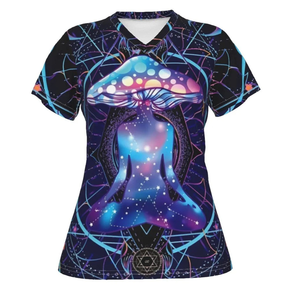 Mystic Mushroom Awakening Women’s V-Neck, Psychedelic Spiritual Shirt, Cosmic Mushroom Graphic Top, Visionary Art Festival Wear, Boho Mystic Style