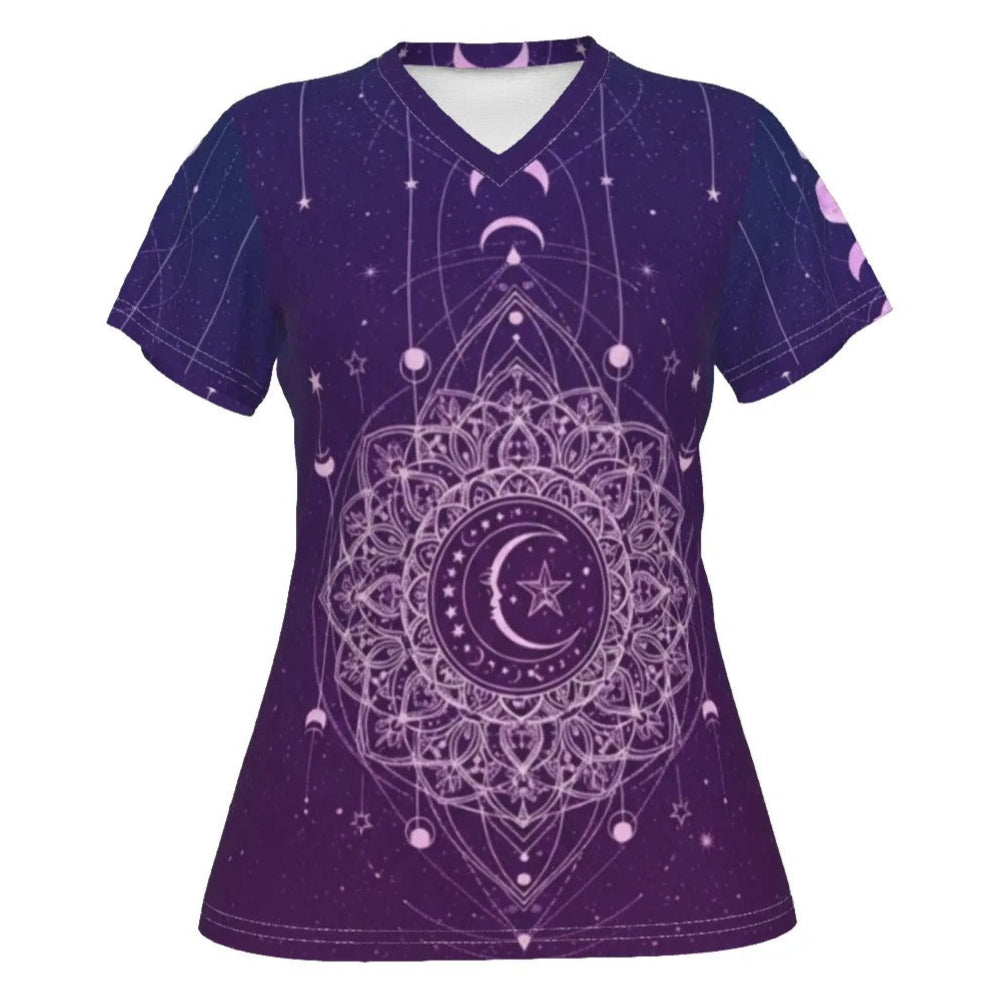 Mystic Lunar Mandala Women’s V-Neck, Moon Phase Spiritual Shirt, Celestial Lotus Top, Sacred Geometry Cosmic Tee, Boho Mystic Style