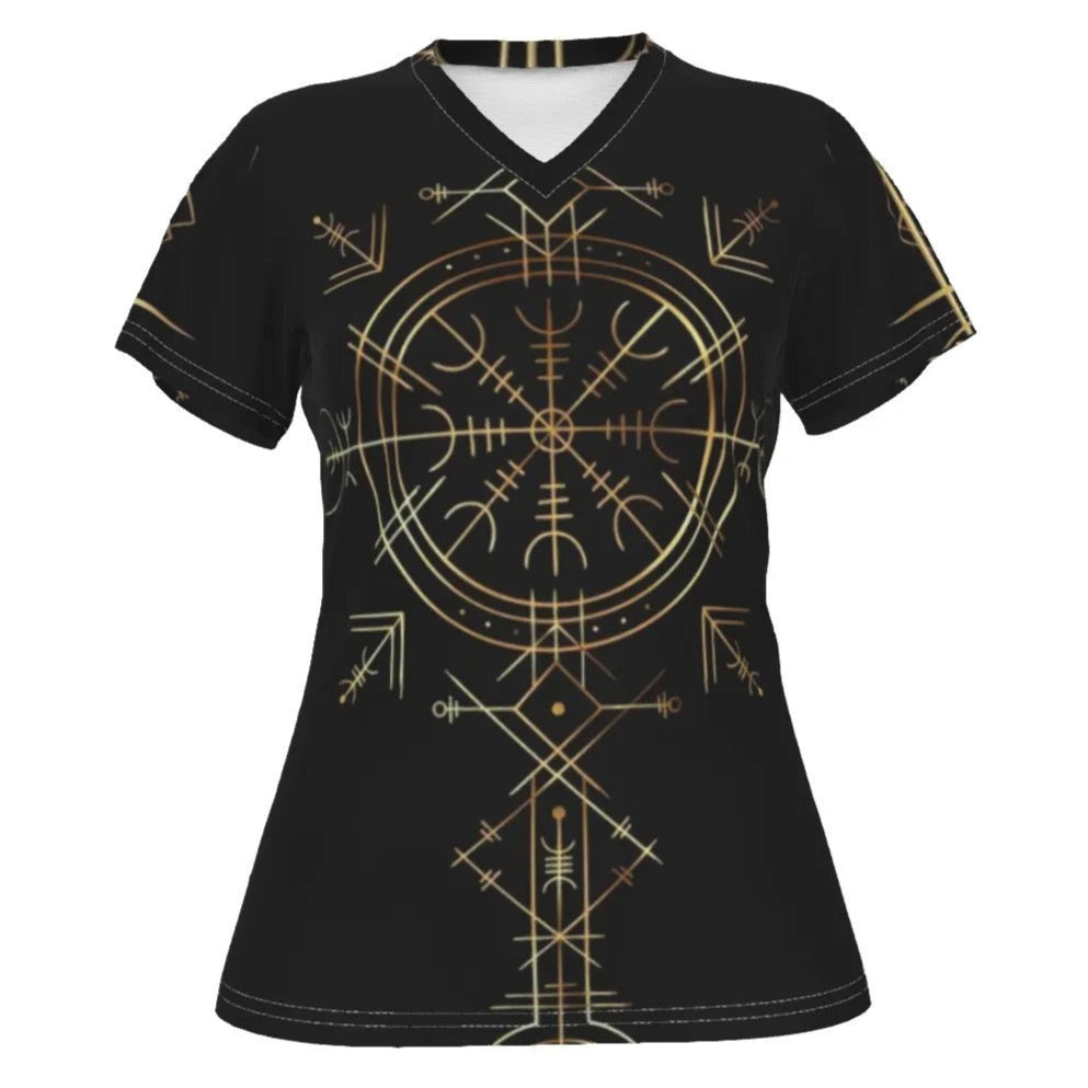 Viking Vegvisir Mysticism Women’s V-Neck, Norse Compass Rune Shirt, Nordic Viking Spiritual Top, Viking Sacred Geometry Fashion