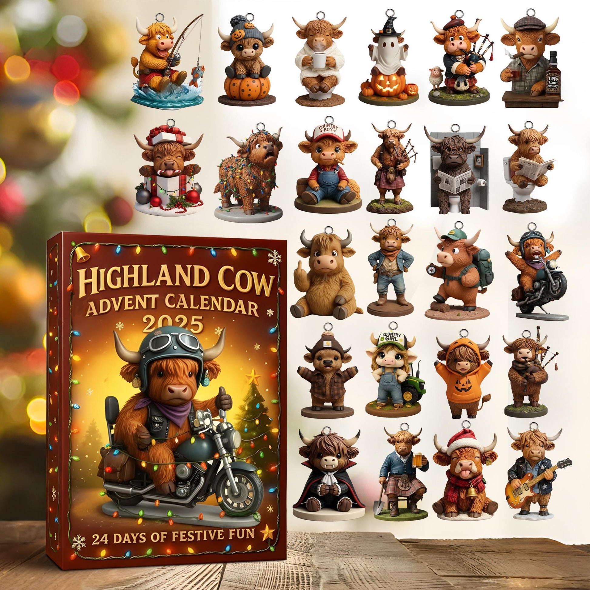 2D Acrylic Highland Cow Advent Calendar, 24 Farmhouse Christmas Figurines, Holiday Countdown, Rustic Animal Figurines