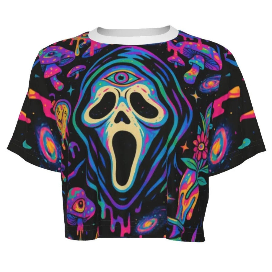 Psychedelic Halloween Mushrooms Crop Top, Neon Trippy Mushroom Shirt, Spooky Halloween Festival Top, Horror Art Fashion