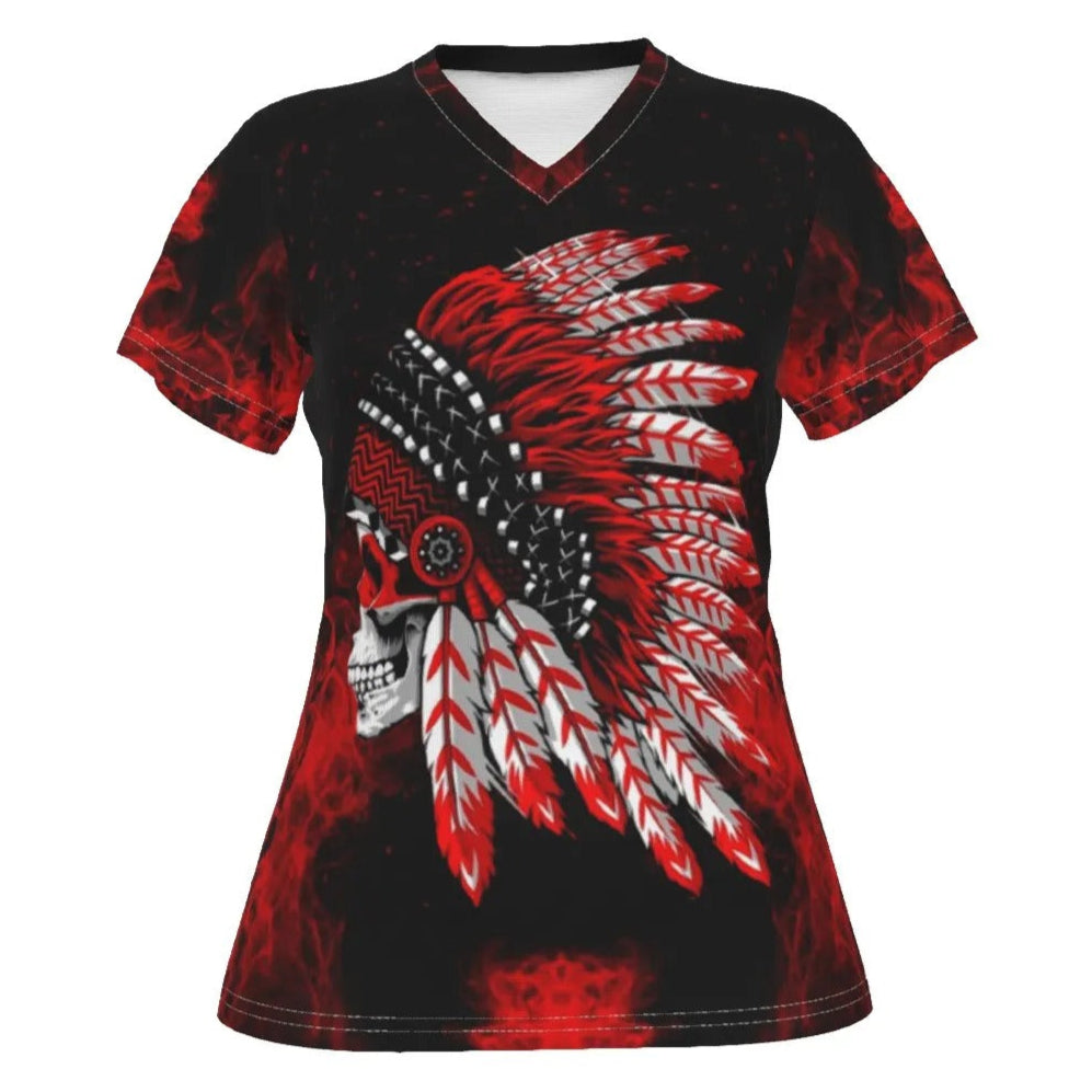 Native American Skull Women’s V-Neck, Red Feather Headdress Shirt, Tribal Gothic Top, Red Smoke Graphic Tee, Warrior Biker Style