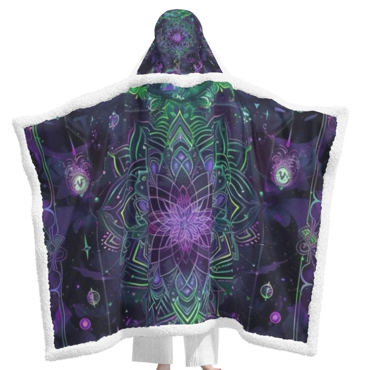 Mystic Aesthetic Women’s Wearable Hooded Blanket, Psychedelic Spiritual Wrap, Festival Boho Wear, Vibrant Healing Clothing, Cosmic Symbol Fashion