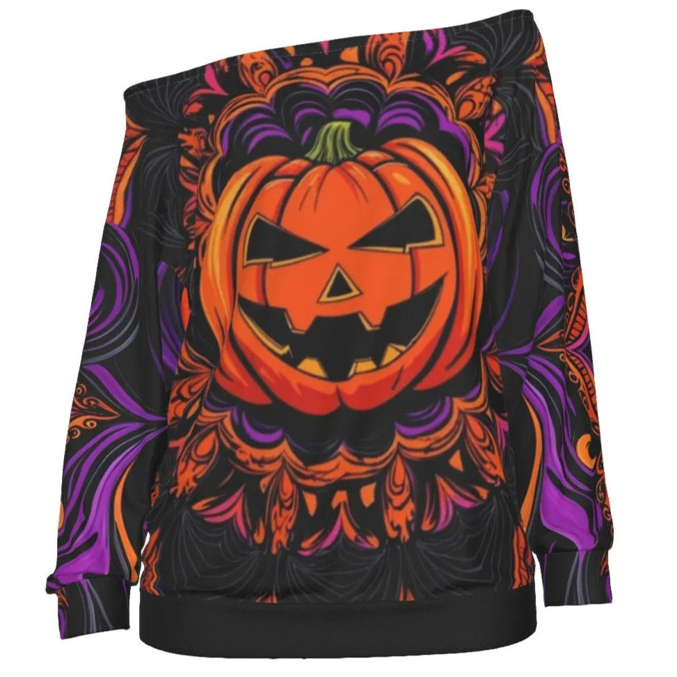 Pumpkin Mandala Magic Off-Shoulder Top, Halloween Costume Ideas, Halloween Jack-o’-Lantern Shirt, Spooky Mandala Art, Halloween Horror Nights