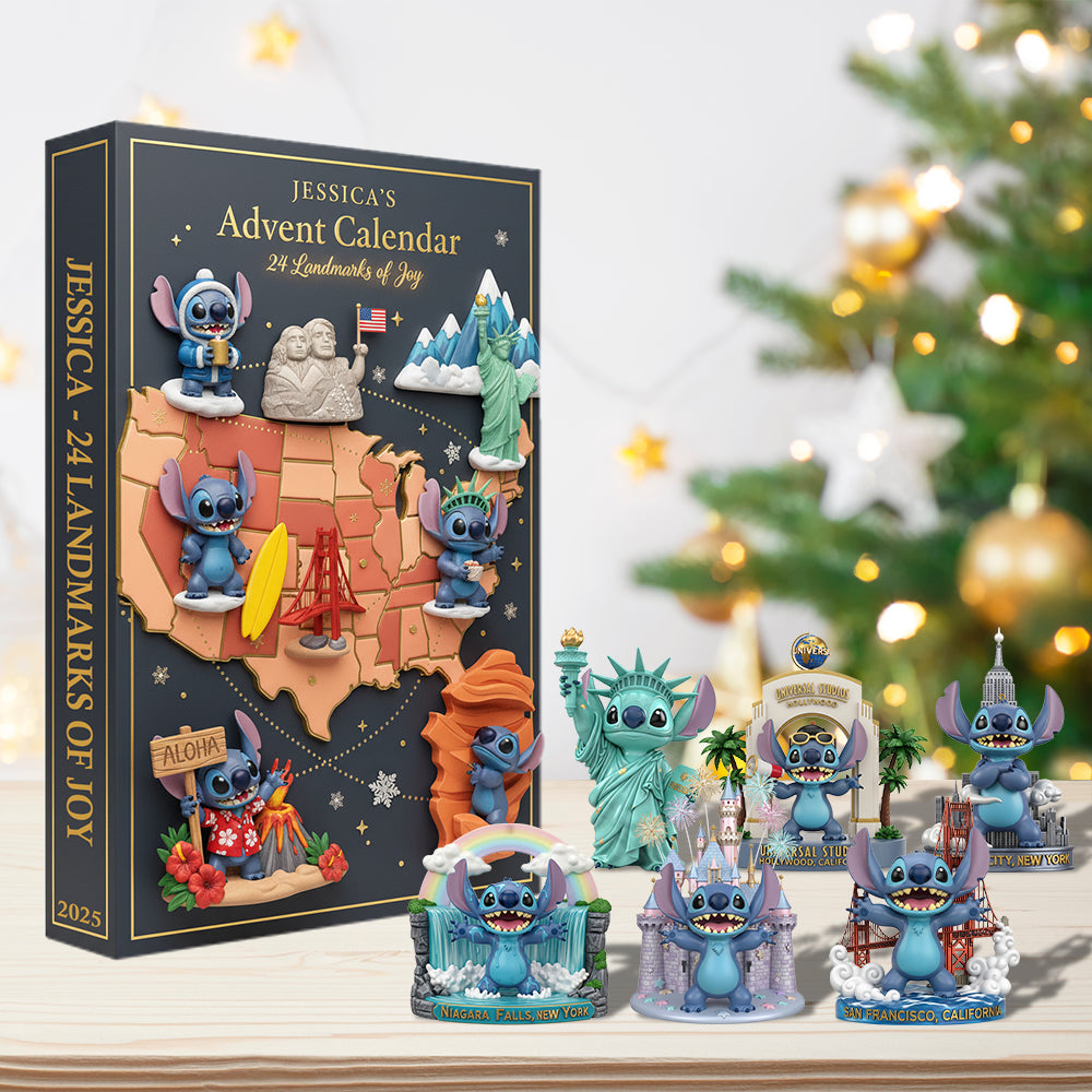 Stitch Landmarks Advent Calendar 2025, 24 Days Travel Landmark Figures, Cute Stitch Ornament Gift Box, Christmas Countdown for Fans