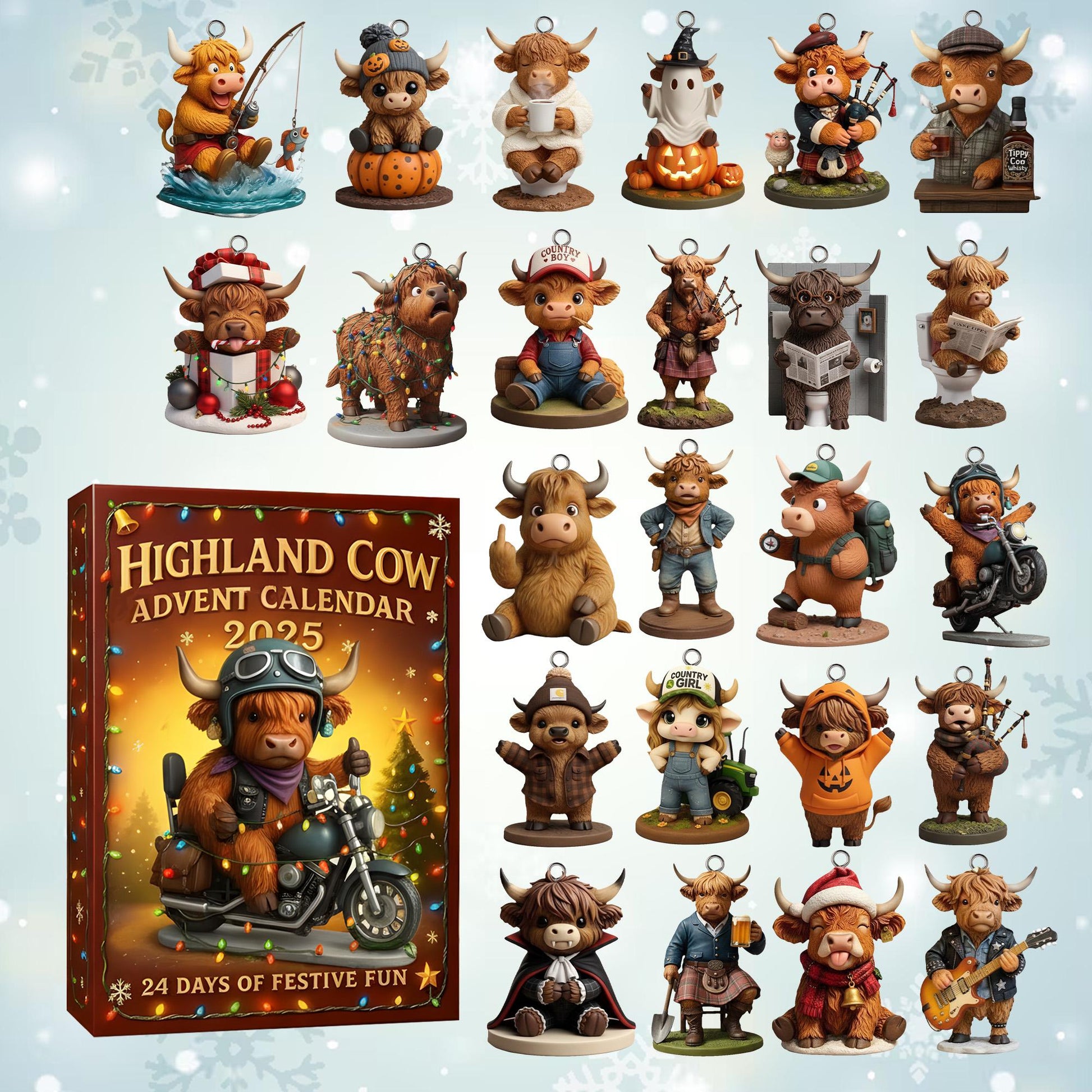 2D Acrylic Highland Cow Advent Calendar, 24 Farmhouse Christmas Figurines, Holiday Countdown, Rustic Animal Figurines