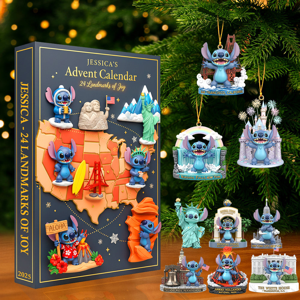 Stitch Landmarks Advent Calendar 2025, 24 Days Travel Landmark Figures, Cute Stitch Ornament Gift Box, Christmas Countdown for Fans