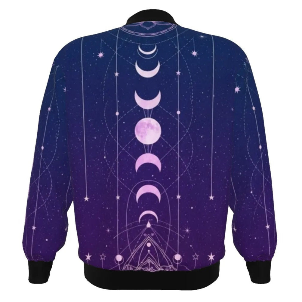 Mystic Lunar Mandala Bomber Jacket, Moon Phase Spiritual Outerwear, Celestial Lotus Graphic Jacket, Sacred Geometry Cosmic Fashion, Boho Mystic Style