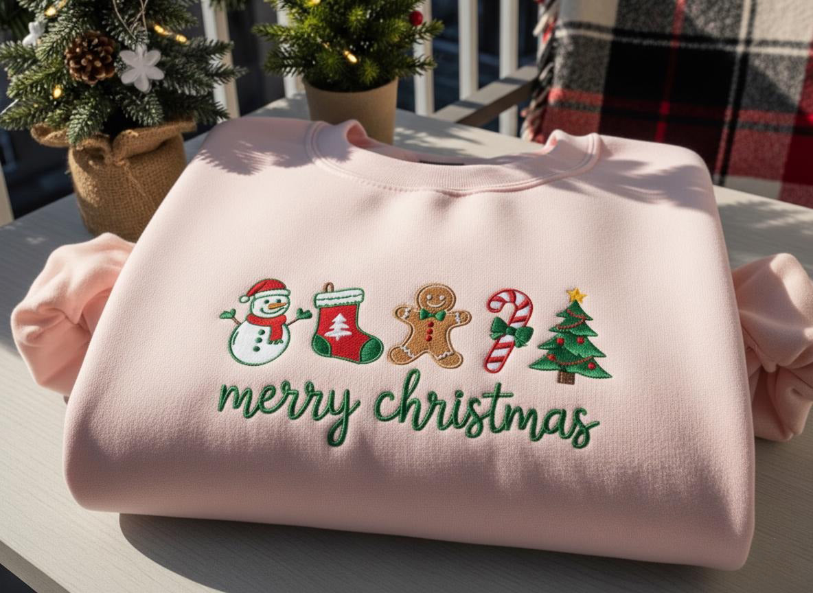Merry Christmas Embroidered Sweatshirt, Gingerbread Candy Cane Tree Sweater, Festive Winter Gift for Women, Xmas Gift EBAC64