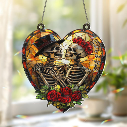 Custom Skeleton Couple Faux Stained Glass Suncatcher for Halloween, Custom Skull Suncatchers with Name, Halloween Couple Acrylic Hanging