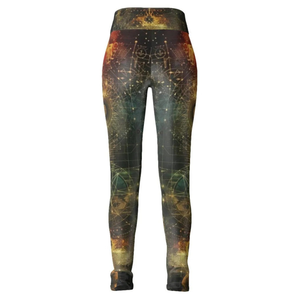 Celestial Alchemy Leggings, Sacred Geometry Yoga Pants with Cosmic Symbols & Astral Energy Design