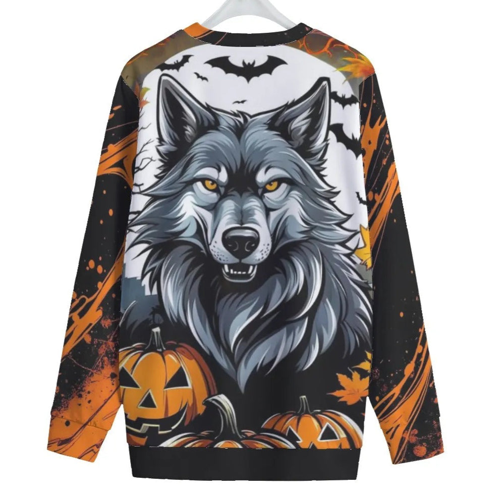 Howling Halloween Costumes Night Wolf Women’s Sweater, Spooky Pumpkin Bat Knitwear, Gothic Halloween Pullover, Couples Halloween Costumes