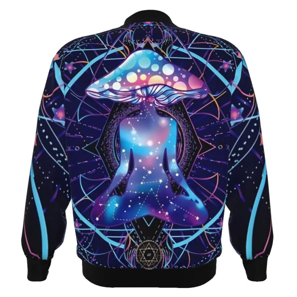 Mystic Mushroom Awakening Bomber Jacket, Psychedelic Spiritual Outerwear, Cosmic Mushroom Graphic Jacket, Visionary Art Streetwear, Boho Mystic Style