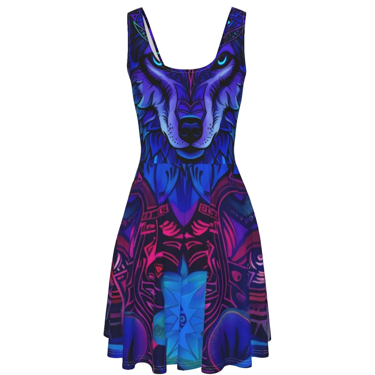 Wolf Mandala Dress, Women Dresses, Spirit Animal Dress, Blue Purple Wolf Art Dress, Tribal Festival Outfit, Psychedelic Animal Clothing, Boho Mystic Fashion, Shamanic Wear