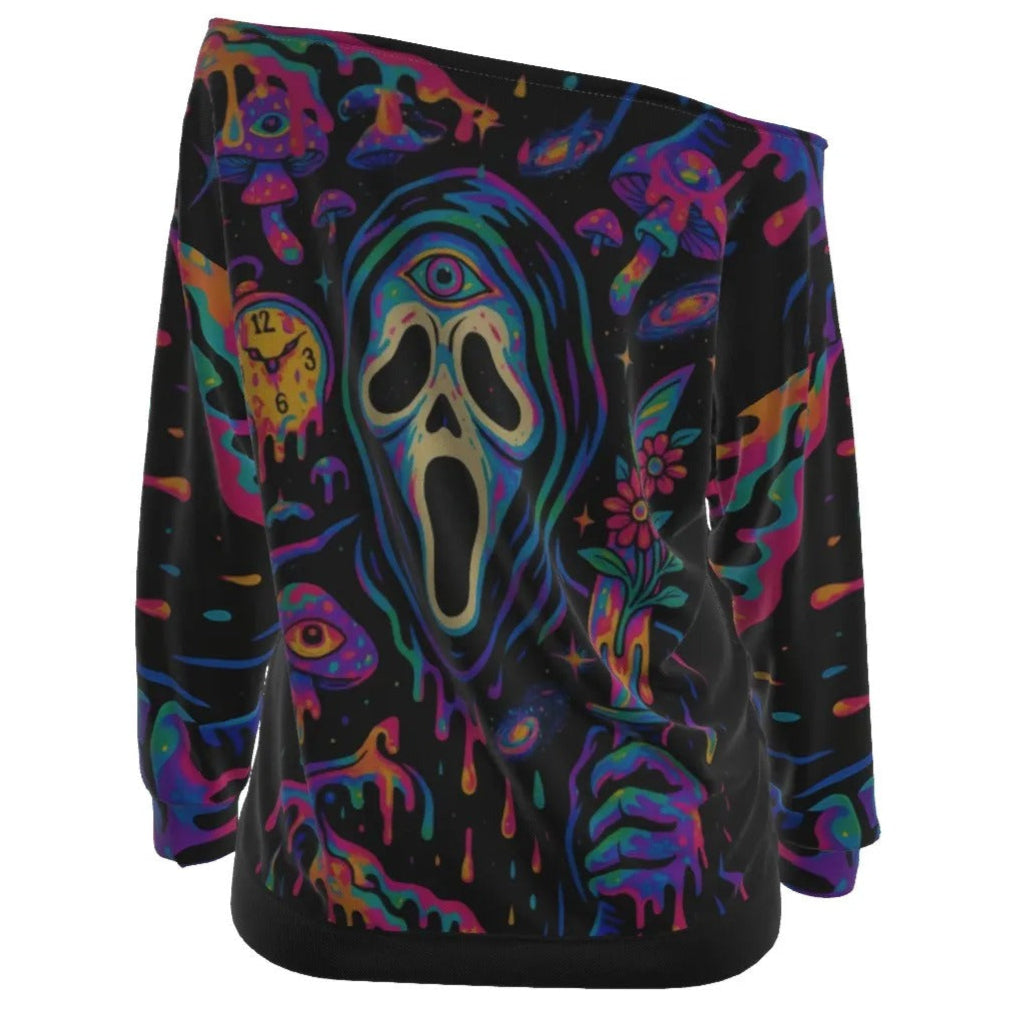 Psychedelic Halloween Mushrooms Off-Shoulder Top, Neon Trippy Mushroom Custom Shirt, Spooky Halloween Fashion, Halloween Costume Ideas