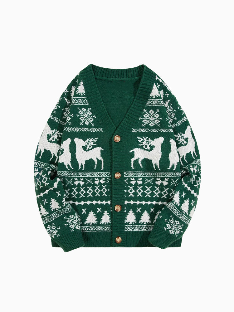 Ugly Christmas Cardigan for Women, Green Reindeer Knit Sweater with Snowflakes and Trees, Festive Holiday Button Down