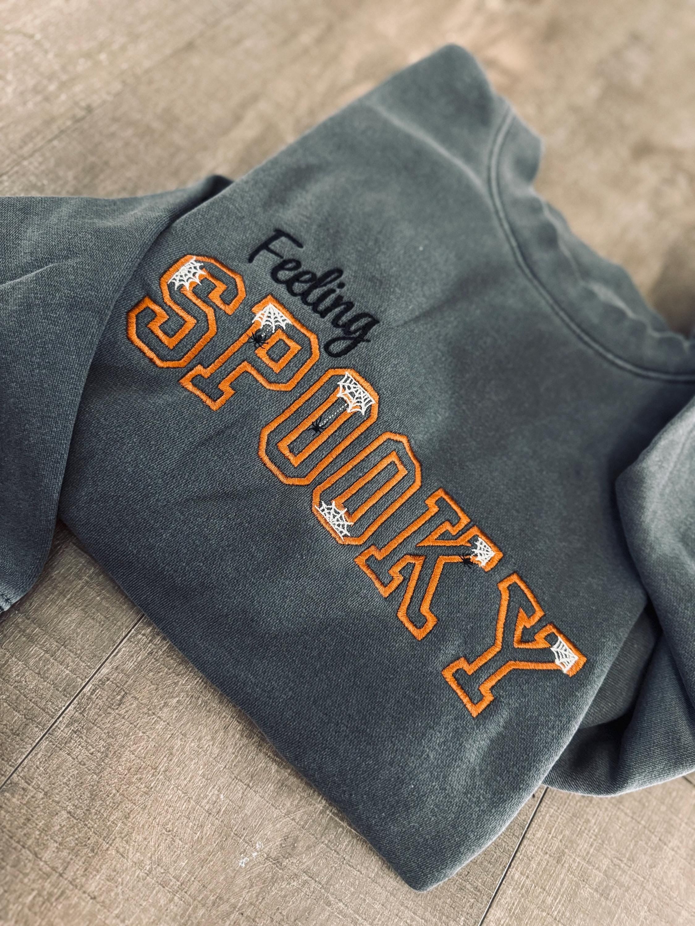 Embroidered Feeling Spooky Sweatshirt, Embroidered Halloween Ghost Crewneck Sweater, Cozy Autumn Pumpkin Crewneck, Halloween Gifts EBAC16