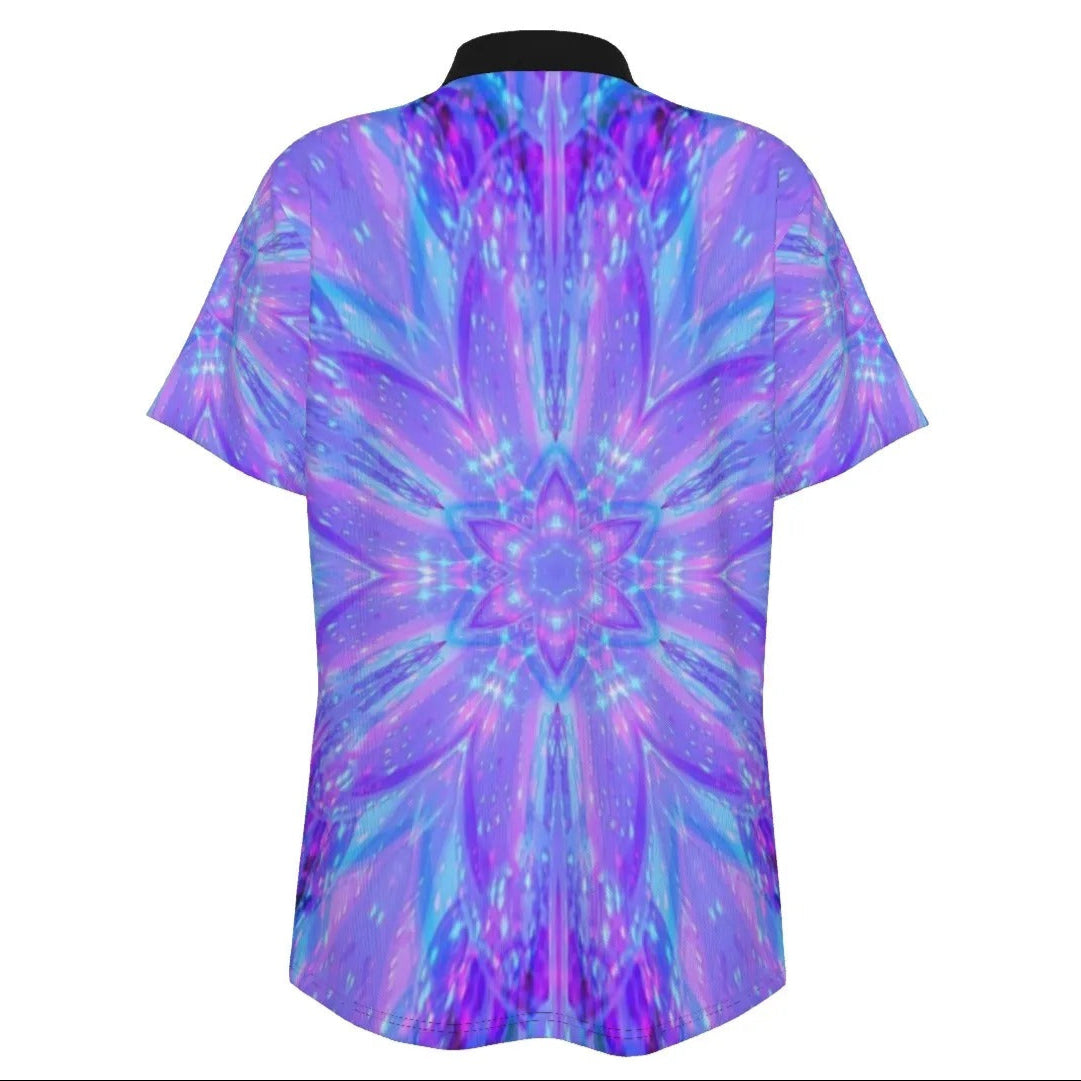 Kaleio Galaxy Women’s Polo Shirt, Trippy Psychedelic Golf Top, Holographic Mandala Space Polo, Cosmic Festival Streetwear