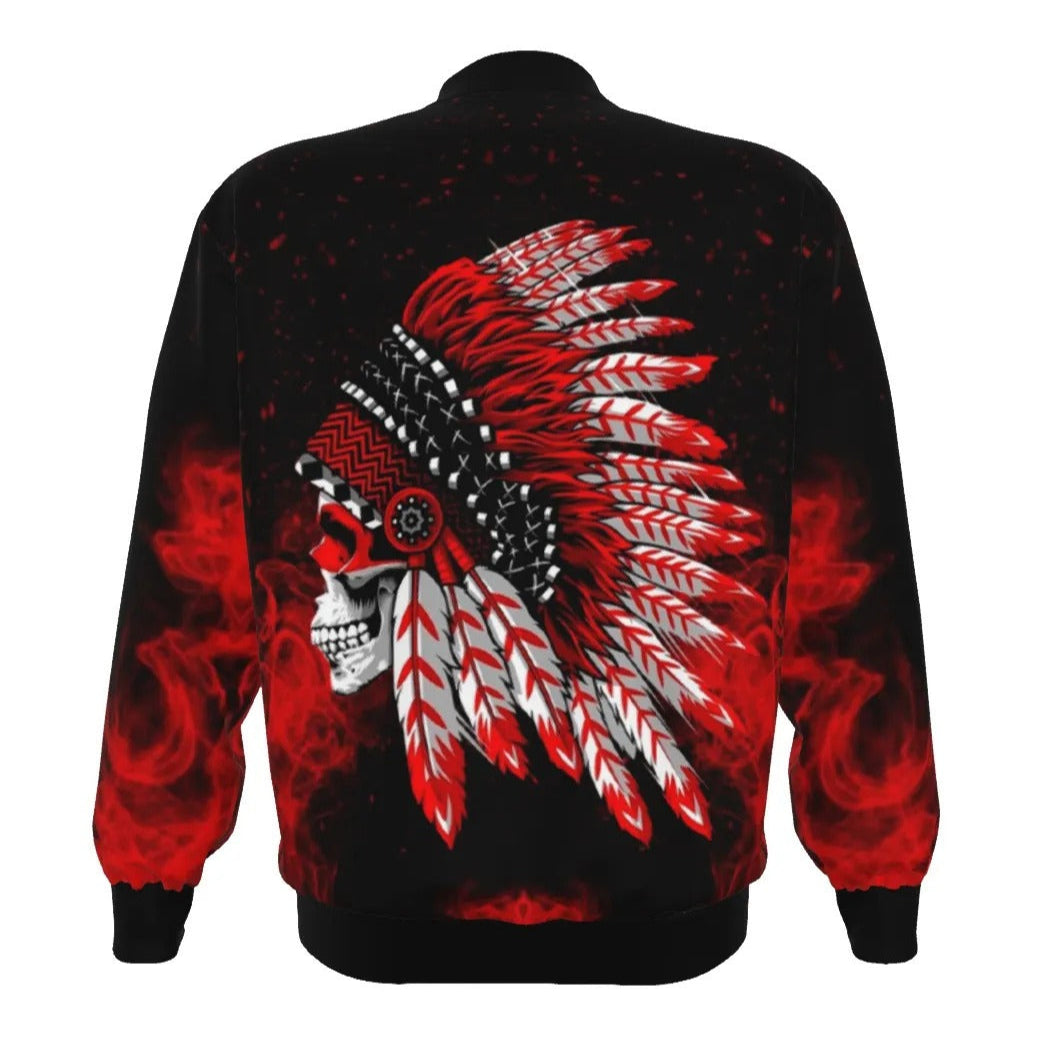 Native American Skull Bomber Jacket, Red Feather Headdress Outerwear, Tribal Gothic Flight Jacket, Red Smoke Graphic Coat, Warrior Biker Style